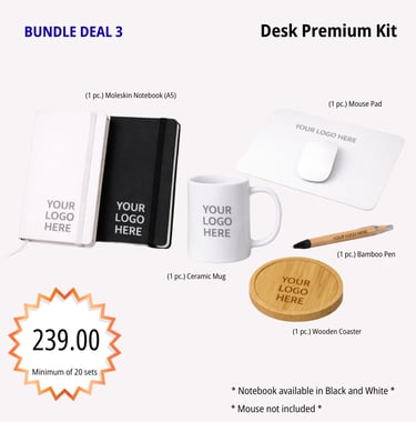Desk Premium Kit corporate bundle with notebook, bamboo pen, mug, mouse pad, and wooden coaster pers