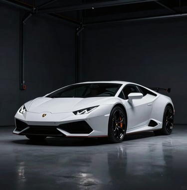 A low-angle shot of a Lamborghini Huracan in a dark garage with spotlighting. The lighting creates strong highlights in #F8F5F0 against the #1A1A1A shadows. High contrast and power.