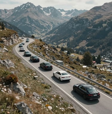 An aerial view of a convoy of prestige cars driving through a scenic pass in Andorra. The palette is dominated by #F8F5F0 mountain peaks and #1A1A1A asphalt. Exclusive lifestyle vibe.