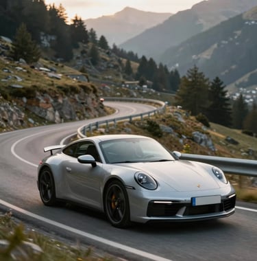 A dynamic shot of a Porsche 911 cruising through a winding mountain pass in Andorra. The car is silver and catches the soft morning light. The environment is rugged but beautiful, emphasizing the high-performance capabilities and the lifestyle aspect of the club.