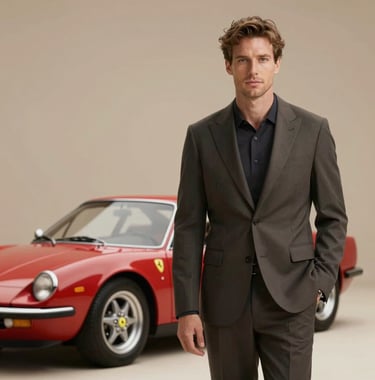 A lifestyle shot of a member in a tailored jacket beside a vintage-inspired modern Ferrari. High-contrast, elegant, minimalist setting with a warm #B2A292 background.