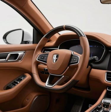 Detailed shot of a luxury leather car interior in warm tan (#B2A292) with carbon fiber accents. The steering wheel features the emblem of a premium brand. The composition is artistic and high-contrast, emphasizing textures and quality craftsmanship in a minimalist style.