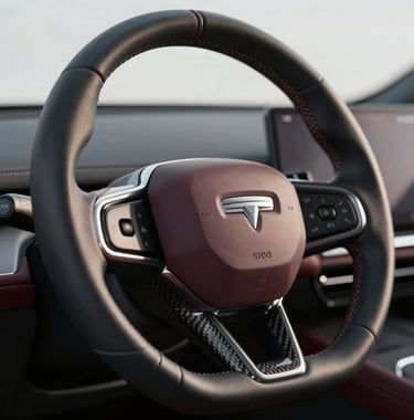 Close-up of a high-end steering wheel with premium leather and carbon fiber details. Minimalist and sleek composition using #5C5046 and #1A1A1A for a high-performance feel.