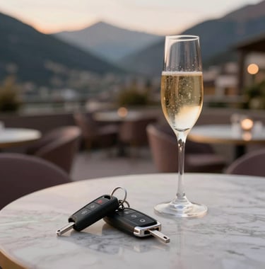 Elegant lifestyle shot of a set of prestige car keys resting on a marble table next to a glass of champagne. The background shows a blurred, high-end private club terrace in Andorra at sunset, using colors #F8F5F0 and #5C5046 for a sophisticated atmosphere.