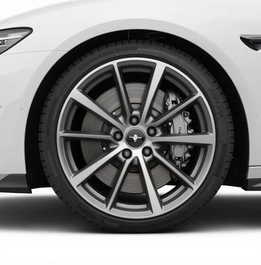 Detail shot of an alloy wheel and ceramic brakes on a high-performance vehicle. Minimalist composition, focusing on the engineering excellence and the #5C5046 metallic tones.