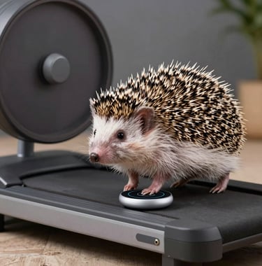 a  hedgehog exercising at night with a smart pet fitness device