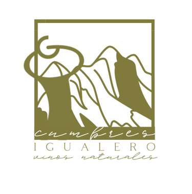 Cumbres Igualero natural wine logo with olive green mountain silhouette and elegant cursive typography on black background.