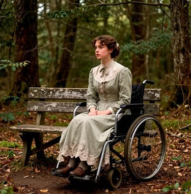 Sarah sitting in her wheeled chair in her empty quiet place