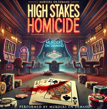 Promotional poster for High Stakes Homicide murder mystery show featuring a bloody casino poker table and playing cards.