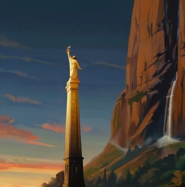 Une statue mormone trône à coté de rochers et d'une chute d'eau