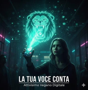 Primo piano su una mano che tiene uno smartphone che irradia un messaggio vegano sui social media. L