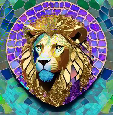 Astrology Leo Mosaic, shades of purple green gold and blue. 