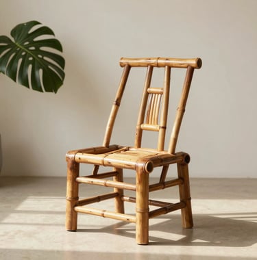 A lifestyle shot of a premium handcrafted bamboo chair placed in a bright, minimalist room. The room features soft ivory walls and a single deep forest green plant. The sun casts warm beige shadows across the floor.