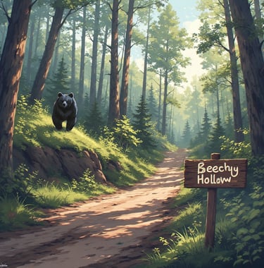 Image of dirt road through woods with black bear