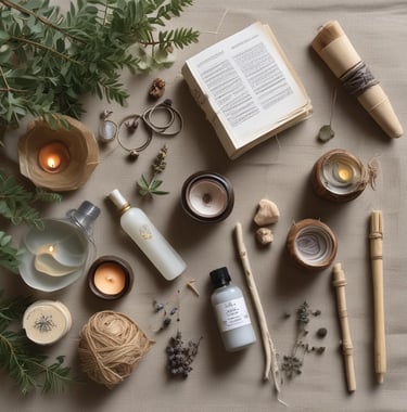 Flat lay of natural wellness products, essential oils, candles, and dried herbs on a beige fabric.