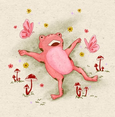 a pink frog froggy illustration drawing happy mushroom