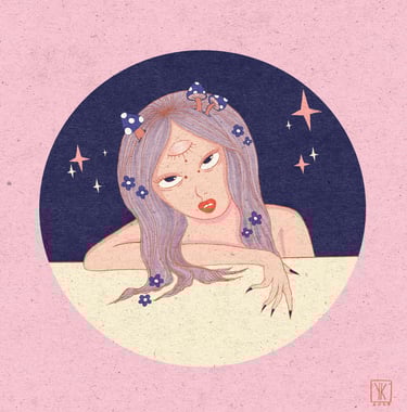 a woman with a flower crown on her head mushroom illustration third eye