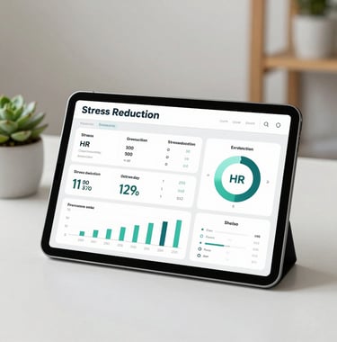 A clean modern tablet screen displaying a beautiful, professional HR dashboard showing stress reduction metrics. Minimalist desk background with a succulent, warm office atmosphere.