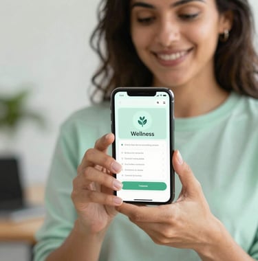 A professional South American / Brazilian woman smiling while using a clean, modern wellness app on her smartphone in a bright office. Close-up shot, soft studio lighting with touches of mint green.
