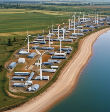 Aerial view of a coastal wind farm station with white turbines and industrial buildings on a sandy beach.
