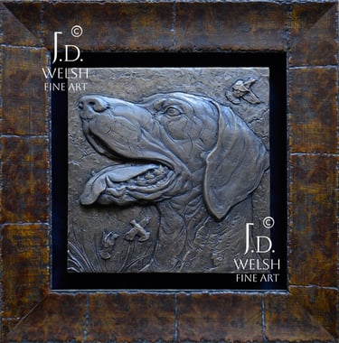 German Shorthaired Pointer and Ruffed Grouse Portrait - Bronze Relief Sculpture - Jeremiah D Welsh