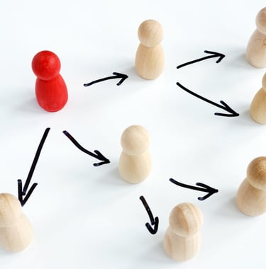 a group of wooden pegons with arrows pointing to the center