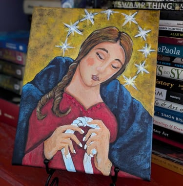Small painting request from client. She emailed a photo of a number of mother mary ideas, and chose one for acrylic on canvas