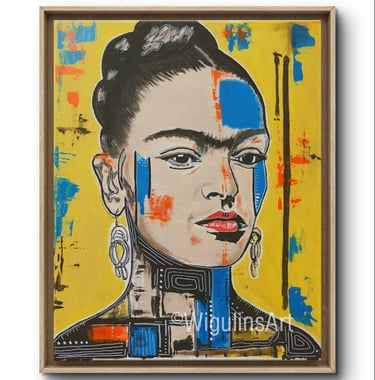 a painting of a woman with a blue and yellow face
