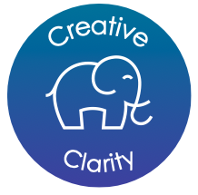 Creative Clarity logo, an elephant in a circle with blue ombre shading