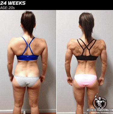 Sammy's rear view before and after online fitness transformation.