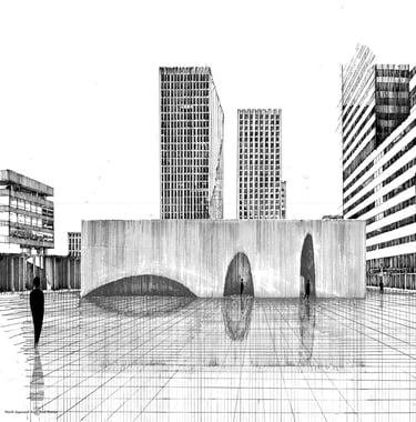 This image depicts a hand drawing of the pavilion project in Rotterdam, the Netherlands.  