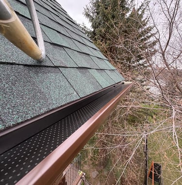 Aluminum leaf filter installed on residential gutter system.