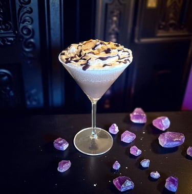 Spiced Espresso Colada with purple Ube. Halloween cocktail for St Louis events by Bender Mixology.