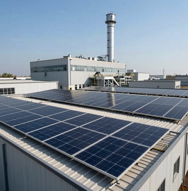 Industrial facility in Northern Italy featuring integrated photovoltaic solar panels on roof, clear bright sky.