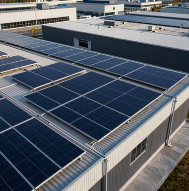Modern Italian logistics center with roof covered in solar panels, clean architectural aesthetic, electric blue and dark slate tones.