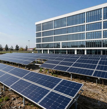 Large solar park installation adjacent to a modern corporate building in Italy, high tech clean design, sunny blue skies.