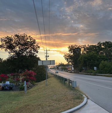 Flower booth and display beside sunset over highway in small town.