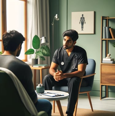 a man in scrubs sitting in a chair talking to a patient