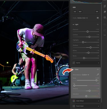Adjusting white balance in concert lighting.