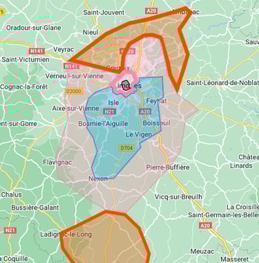 Carte de la région de Limoges indiquant les zones d’intervention de l’entreprise