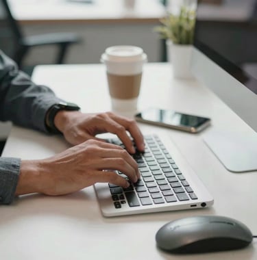 Photography of a professional's hands typing on a sleek keyboard in a brightly lit, modern co-working space in the US, with a cup of coffee and a smartphone on a clean desk.
