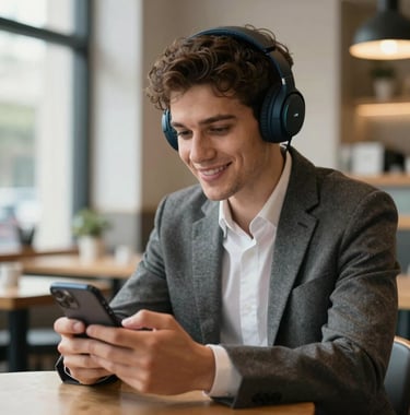 A young professional in North America wearing stylish wireless headphones, sitting in a bright and airy modern cafe. They are looking at their phone and smiling confidently while practicing spoken English with the AI app.