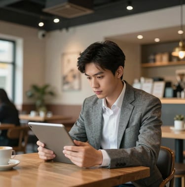 A young professional focusing on a tablet while sitting in a clean, modern cafe with high ceilings and sophisticated North American urban decor.