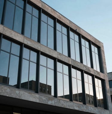 A medium shot of a modern architectural building exterior with large glass windows reflecting a clear blue sky, representing a sophisticated educational institution in North America / US.