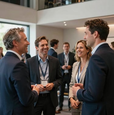 A diverse group of professional adults laughing and networking during a break at a high-end educational seminar in a sleek, modern US venue.