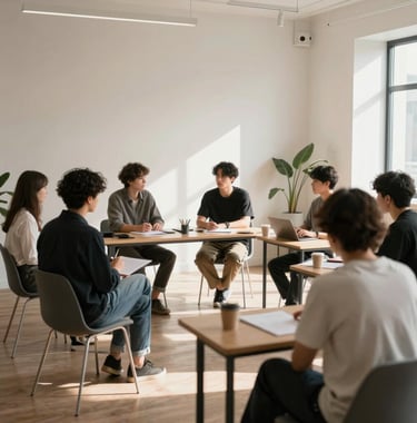 A professional student attending a private language workshop in a minimalist, sunlit studio with high-end decor and a premium atmosphere.