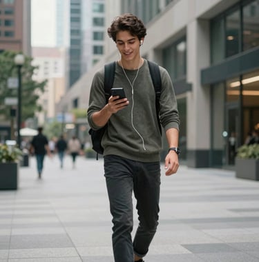 A lifestyle shot of a professional student walking through a modern urban plaza in North America / US, wearing wireless earbuds and looking at a smartphone with a motivated expression.