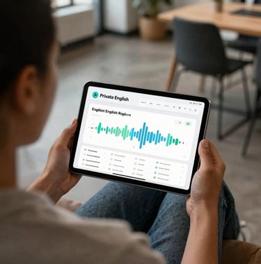 An over-the-shoulder shot of a person sitting in a contemporary coworking space in the US. They are using an iPad that shows a clean, professional English learning dashboard with the Private English brand logo and voice wave icons.