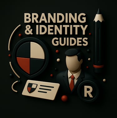 A 3D illustration shows “BRANDING & IDENTITY GUIDES” with a person icon, shield, pencil, and tradema