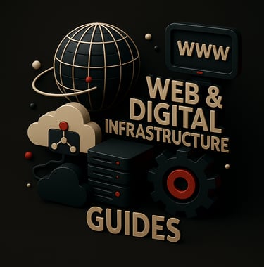 A 3D-style graphic shows “WEB & DIGITAL INFRASTRUCTURE GUIDES” with a globe, cloud icons, and a moni